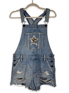 Abercrombie & Fitch light blue denim short overalls, star-shaped pocket patches.